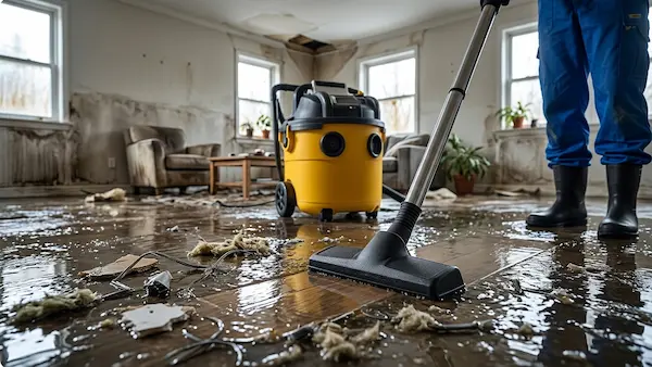 Homeowner removing standing water with a wet vacuum.